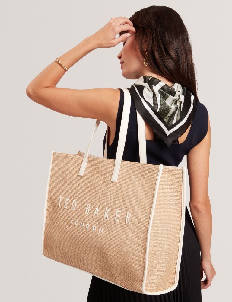 Genți Icon Dama Ted Baker Pallmer - Faux Raffia Pu Trim Large Icon Tote Bag Ecru | 859371-CIJ