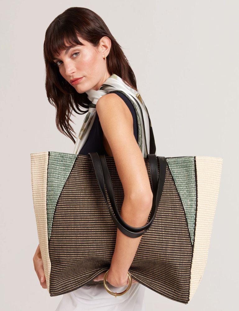 Genți Icon Dama Ted Baker Rafiya - Woven Colour Block Folding Shopper Bag Negrii | 502169-NEZ