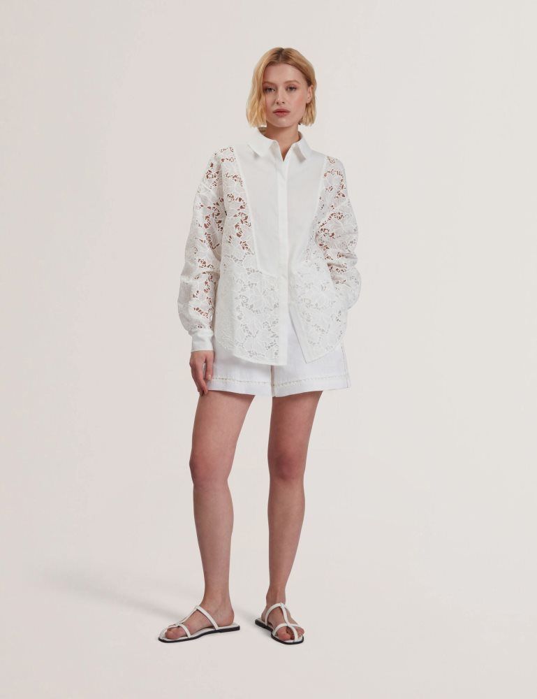 Pantaloni Scurti Dama Ted Baker Buccia - Crochet Trim High Waisted Linen Shorts Albi | 971345-AHK