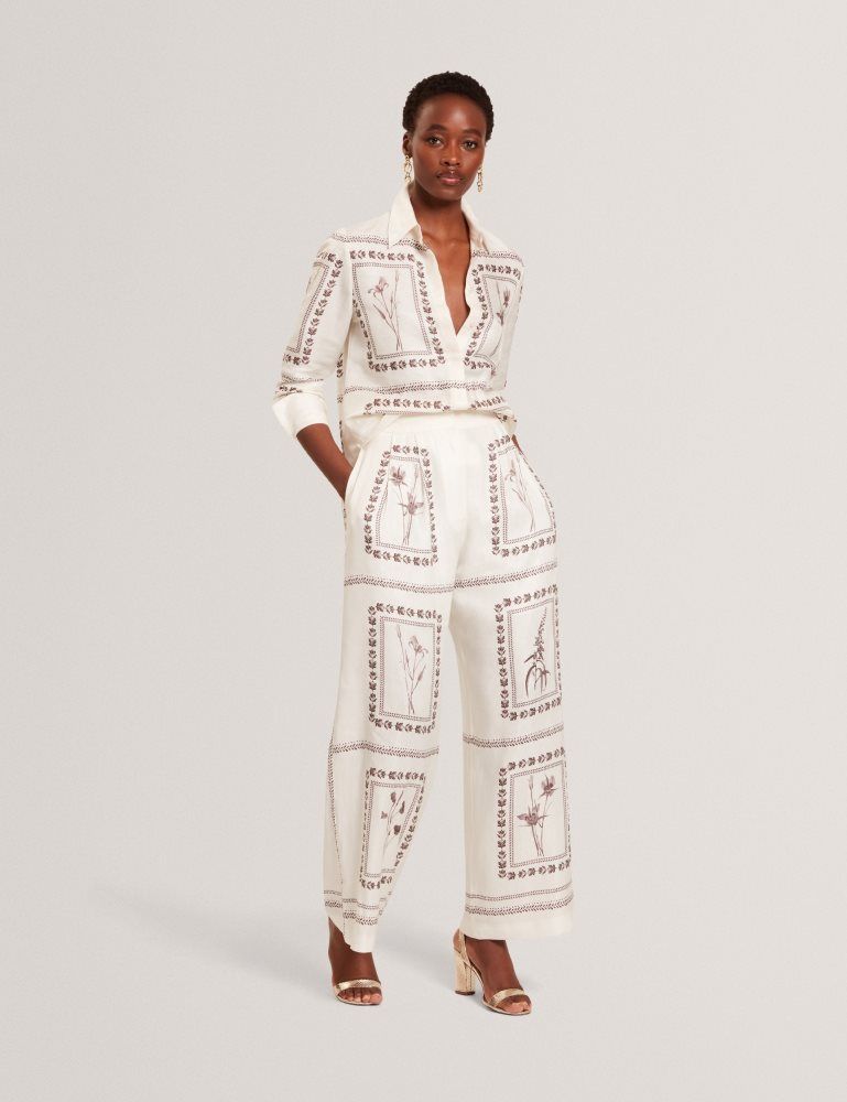 Pantaloni Scurti Dama Ted Baker Ornitha - Panel Print Silk Linen Wide Leg Trousers Albi | 764231-TXQ