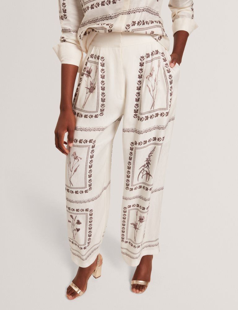 Pantaloni Scurti Dama Ted Baker Ornitha - Panel Print Silk Linen Wide Leg Trousers Albi | 764231-TXQ