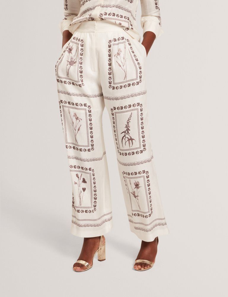 Pantaloni Scurti Dama Ted Baker Ornitha - Panel Print Silk Linen Wide Leg Trousers Albi | 764231-TXQ