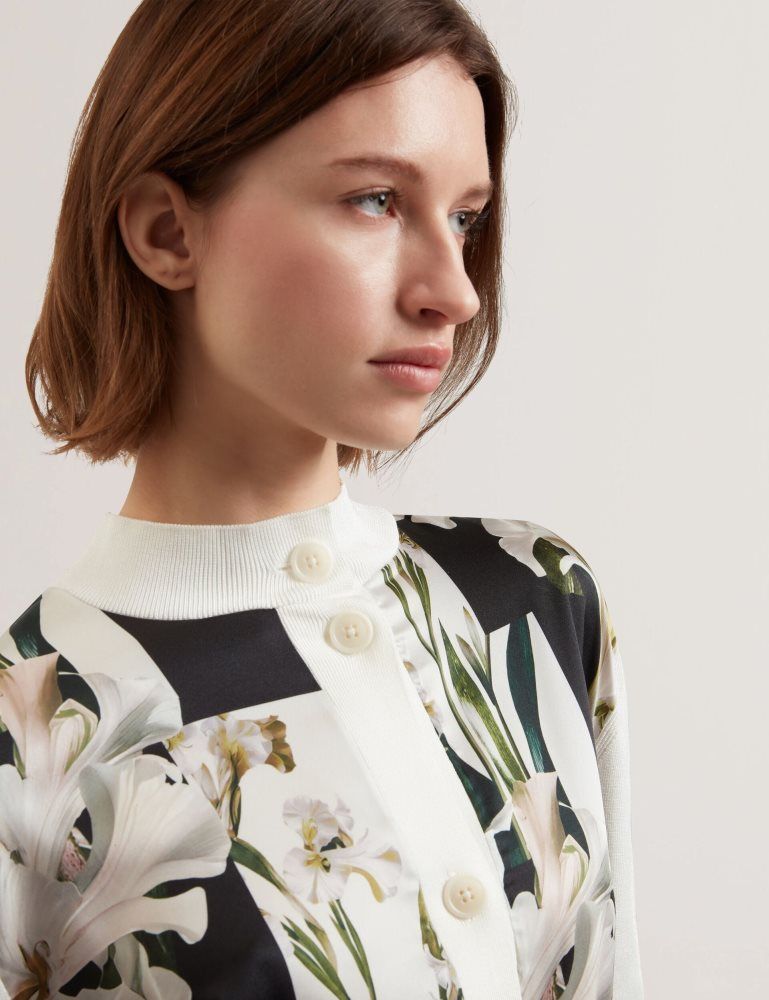 Pulovere Dama Ted Baker Belviaa - Printed Woven Front Longline Cardigan Albi | 625913-NZV