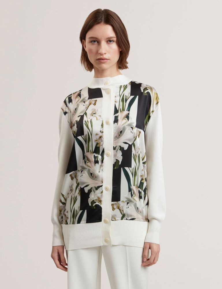 Pulovere Dama Ted Baker Belviaa - Printed Woven Front Longline Cardigan Albi | 625913-NZV