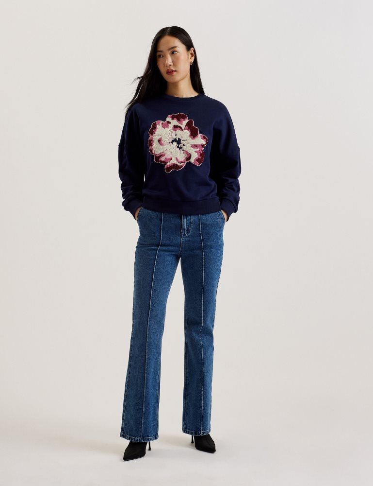 Pulovere Dama Ted Baker Raynahh - Textured Floral Graphic Cotton Sweatshirt Bleumarin | 362104-FDB