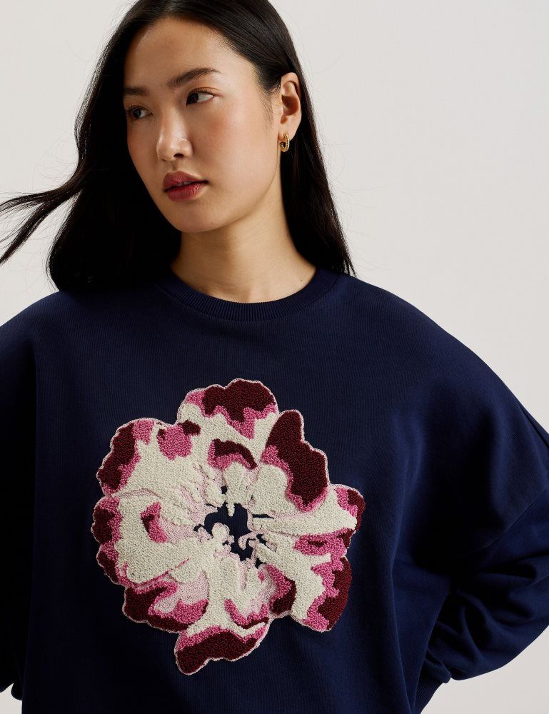 Pulovere Dama Ted Baker Raynahh - Textured Floral Graphic Cotton Sweatshirt Bleumarin | 362104-FDB