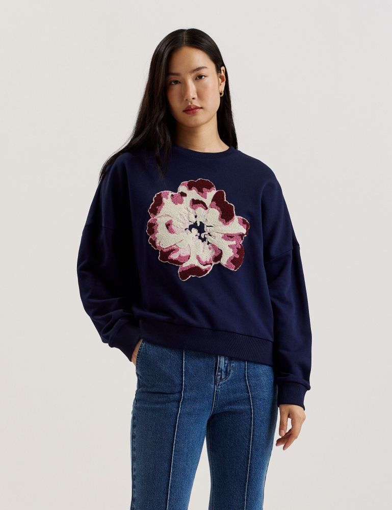 Pulovere Dama Ted Baker Raynahh - Textured Floral Graphic Cotton Sweatshirt Bleumarin | 362104-FDB