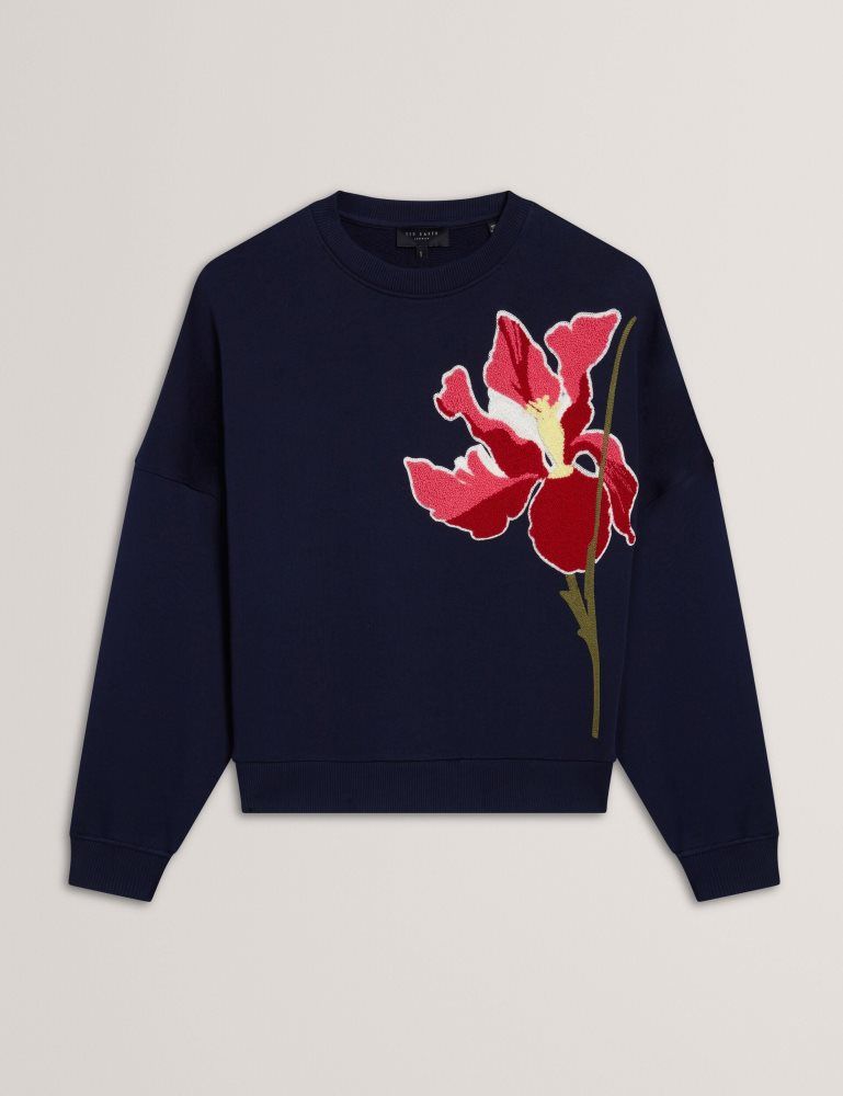 Pulovere Dama Ted Baker Sanderr - Tufted Floral Graphic Cotton Sweatshirt Bleumarin | 837506-QTH