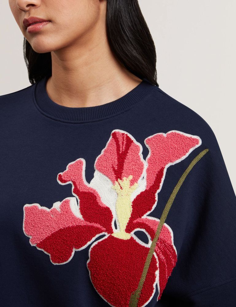 Pulovere Dama Ted Baker Sanderr - Tufted Floral Graphic Cotton Sweatshirt Bleumarin | 837506-QTH