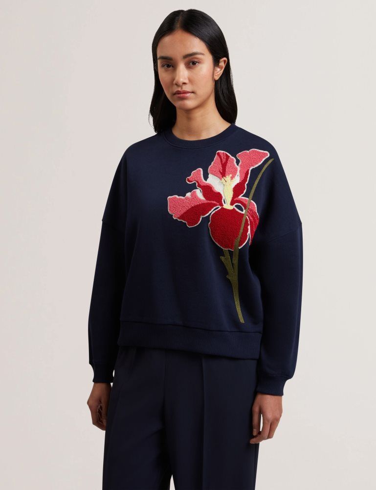 Pulovere Dama Ted Baker Sanderr - Tufted Floral Graphic Cotton Sweatshirt Bleumarin | 837506-QTH