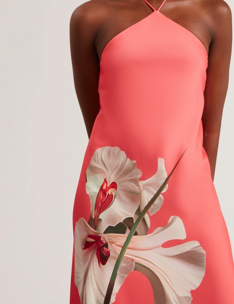 Rochie Dama Ted Baker Ajima - Floral Graphic Halter Neck Satin Maxi Dress Corai | 091265-BYG