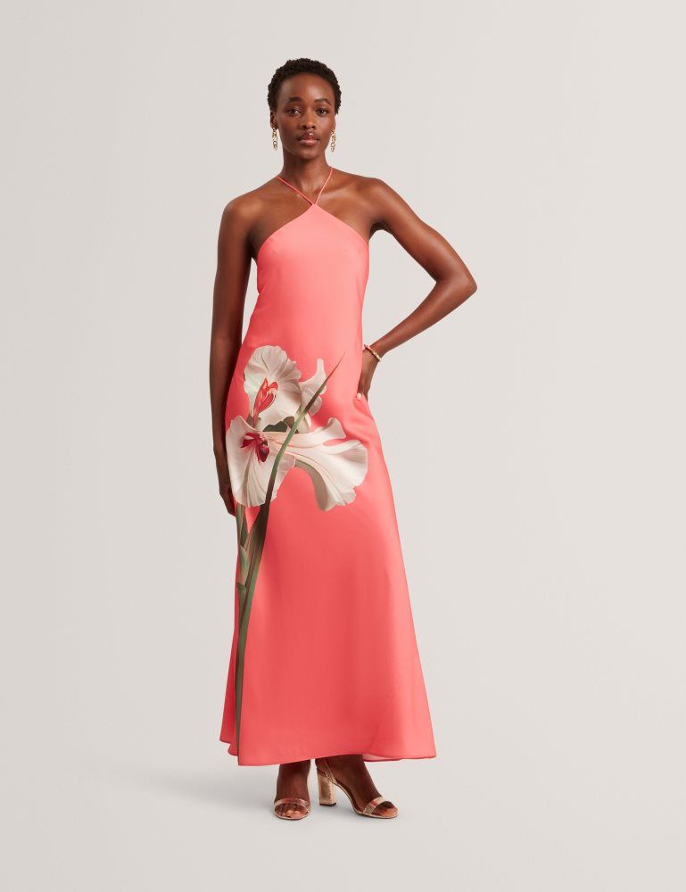 Rochie Dama Ted Baker Ajima - Floral Graphic Halter Neck Satin Maxi Dress Corai | 091265-BYG