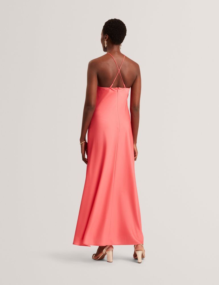 Rochie Dama Ted Baker Ajima - Floral Graphic Halter Neck Satin Maxi Dress Corai | 091265-BYG