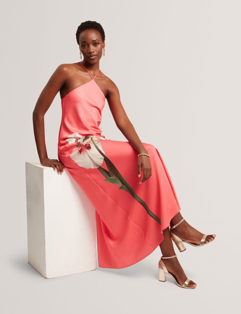 Rochie Dama Ted Baker Ajima - Floral Graphic Halter Neck Satin Maxi Dress Corai | 091265-BYG