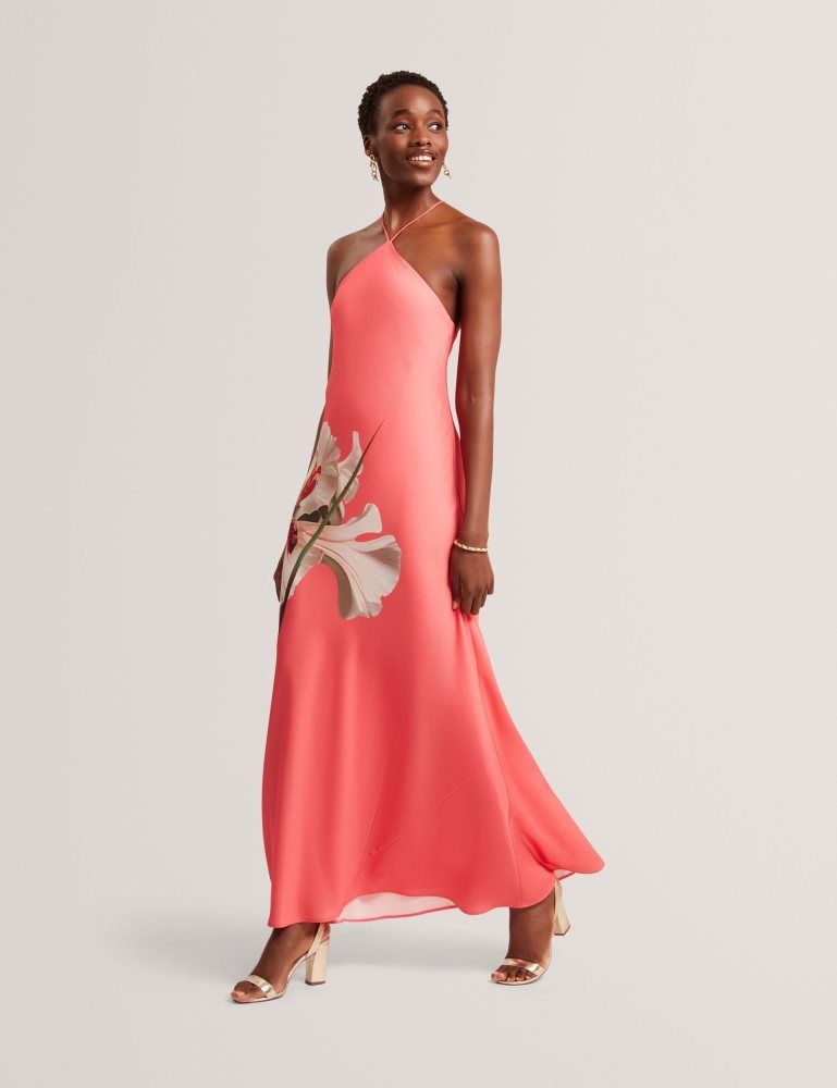 Rochie Dama Ted Baker Ajima - Floral Graphic Halter Neck Satin Maxi Dress Corai | 091265-BYG