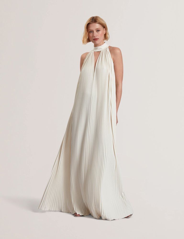 Rochie Dama Ted Baker Akala - Halter Neck Pleated Maxi Dress Albi | 754829-EVO