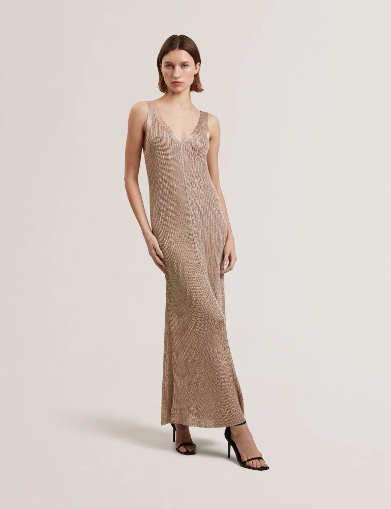 Rochie Dama Ted Baker Alarnaa - Metallic Knit Sleeveless Column Maxi Dress Aurii | 019324-PML