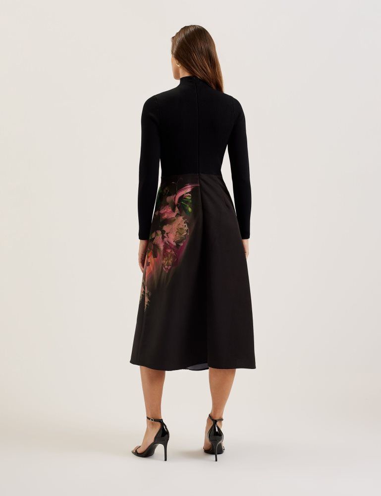Rochie Dama Ted Baker Asnes - Knit Bodice Midi Dress With Printed Skirt Negrii | 689240-OVJ