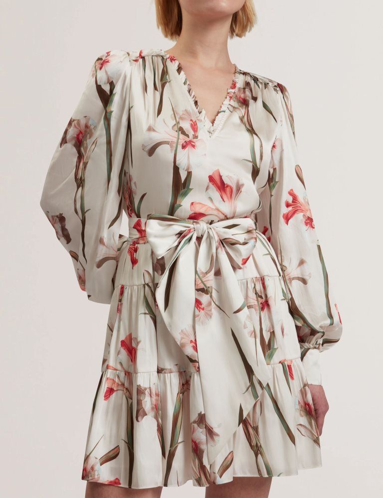 Rochie Dama Ted Baker Cuiaba - Floral V-neck Tie Waist Mini Dress Albi | 591402-AEX