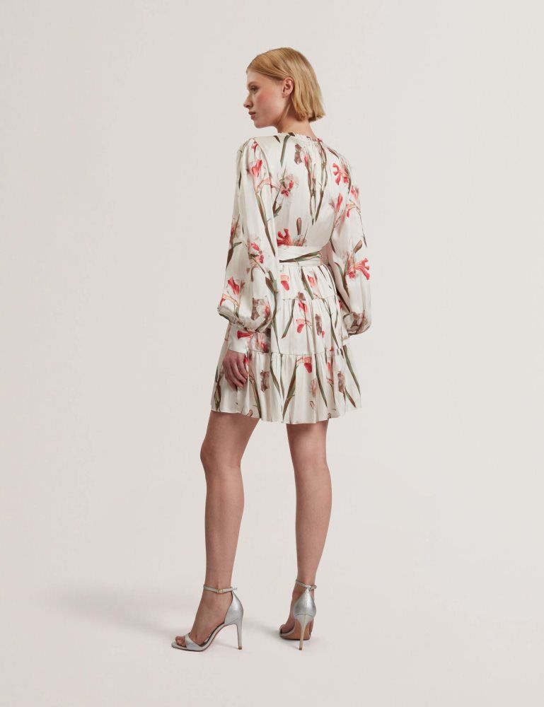 Rochie Dama Ted Baker Cuiaba - Floral V-neck Tie Waist Mini Dress Albi | 591402-AEX