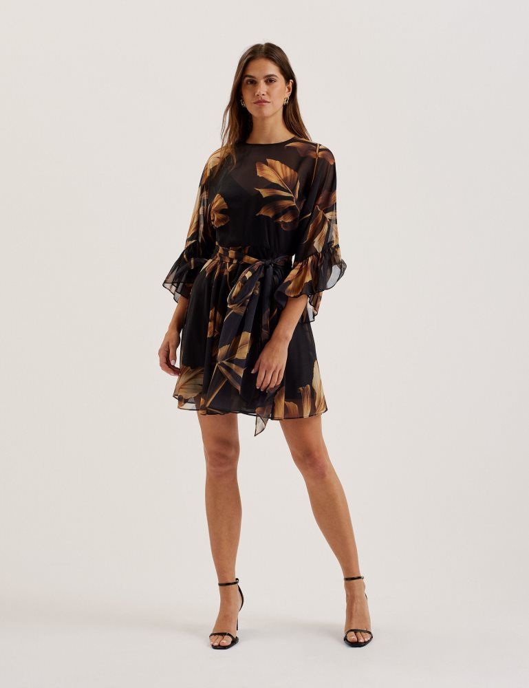 Rochie Dama Ted Baker Elster - Printed Chiffon Mini Dress With Tie Waist Negrii | 762519-WAN