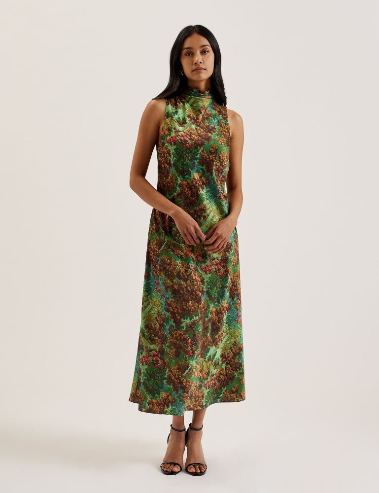 Rochie Dama Ted Baker Eyva - Printed High Neck Satin Midi Slip Dress Verzi | 187625-AUY