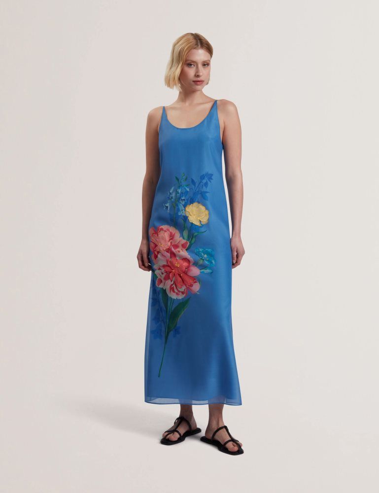 Rochie Dama Ted Baker Fayda - Floral Detail Organza Sleeveless Midi Dress Albastri | 594801-SHG