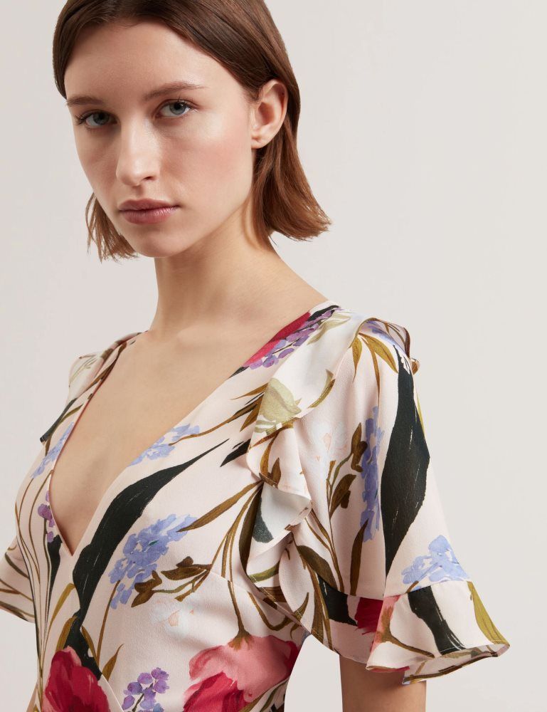Rochie Dama Ted Baker Issiia - Frill Trim Floral Short Sleeve Mini Dress Roz | 284195-TRP