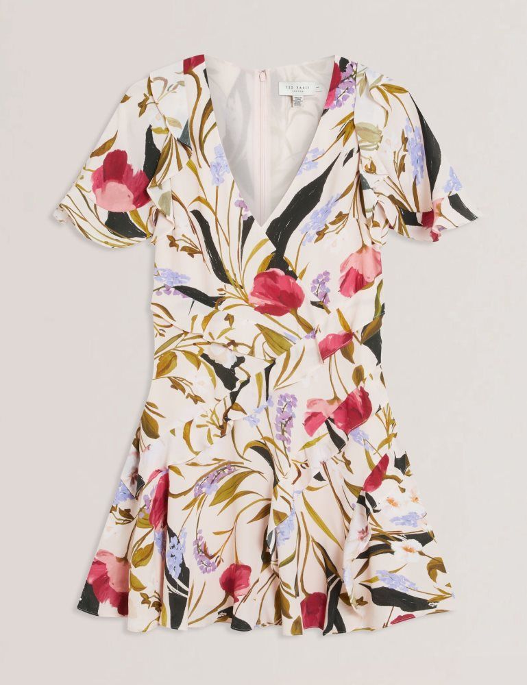 Rochie Dama Ted Baker Issiia - Frill Trim Floral Short Sleeve Mini Dress Roz | 284195-TRP