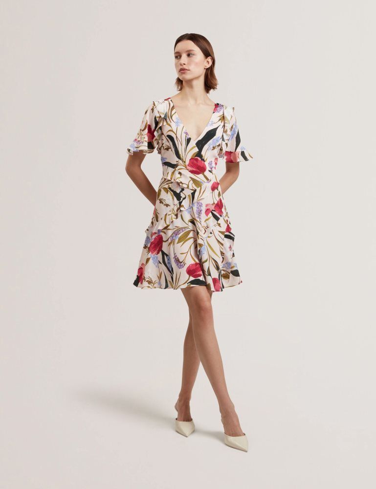 Rochie Dama Ted Baker Issiia - Frill Trim Floral Short Sleeve Mini Dress Roz | 284195-TRP