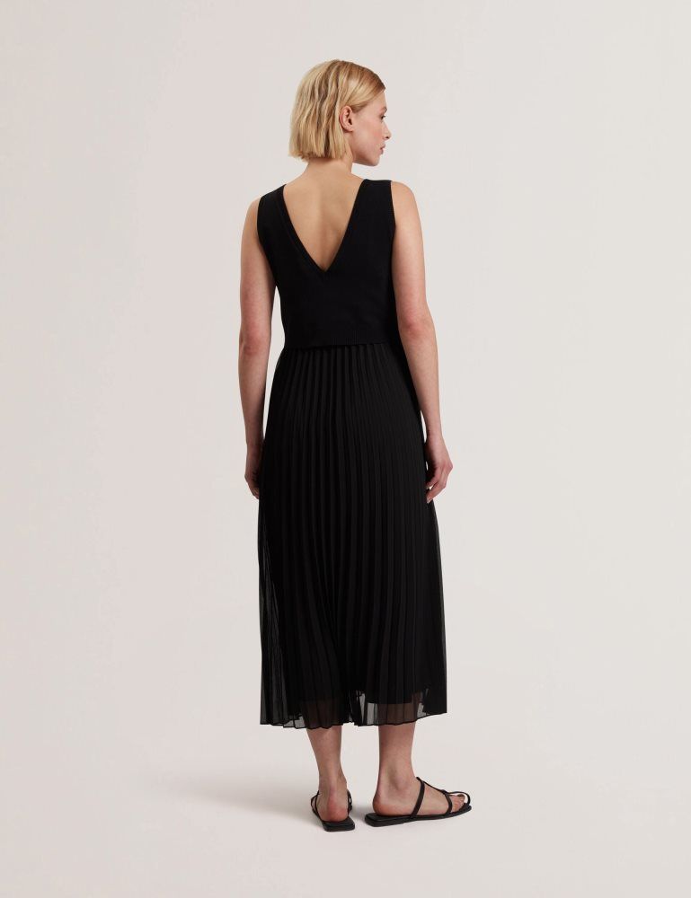 Rochie Dama Ted Baker Larnahh - Pleated Midi Dress With Removable Knit Tank Negrii | 589217-LNW