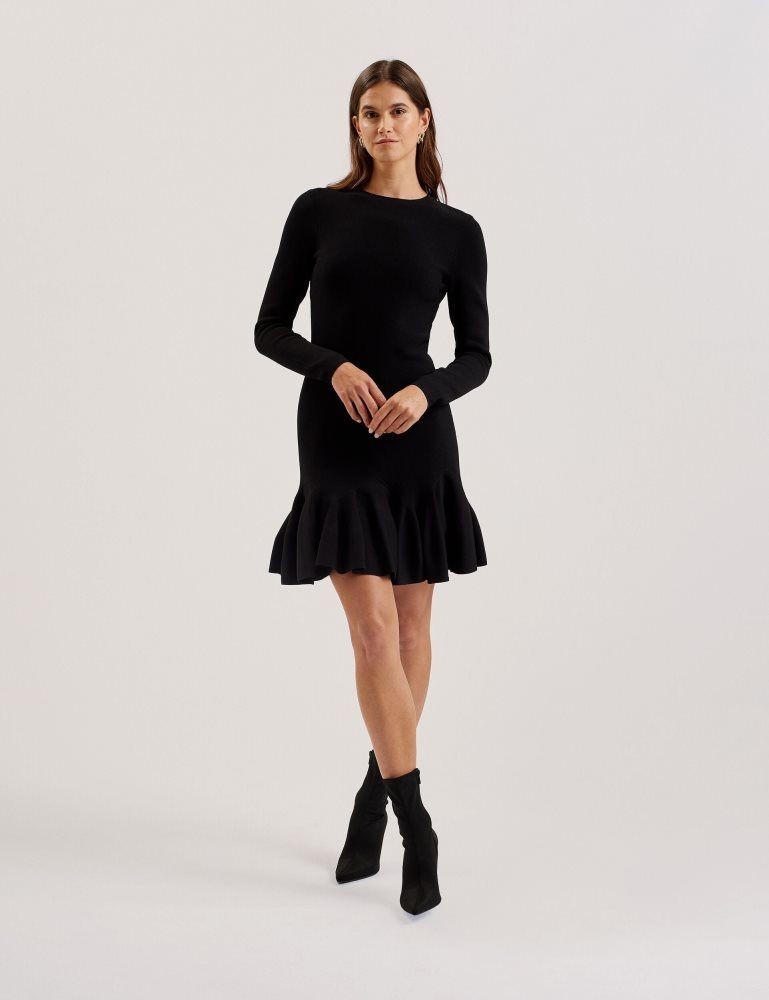 Rochie Dama Ted Baker Loisss - Flounce Hem Long Sleeve Knitted Mini Dress Negrii | 487195-SOI