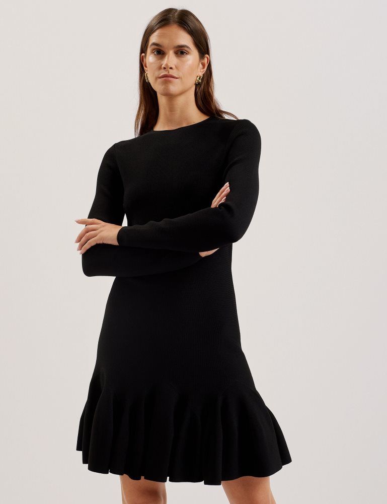 Rochie Dama Ted Baker Loisss - Flounce Hem Long Sleeve Knitted Mini Dress Negrii | 487195-SOI