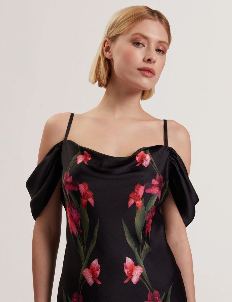 Rochie Dama Ted Baker Lucern - Floral Satin Off Shoulder Bias Midi Dress Negrii | 217843-SEY