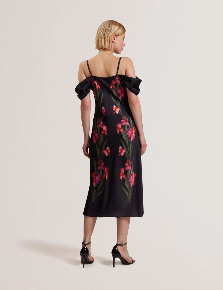 Rochie Dama Ted Baker Lucern - Floral Satin Off Shoulder Bias Midi Dress Negrii | 217843-SEY