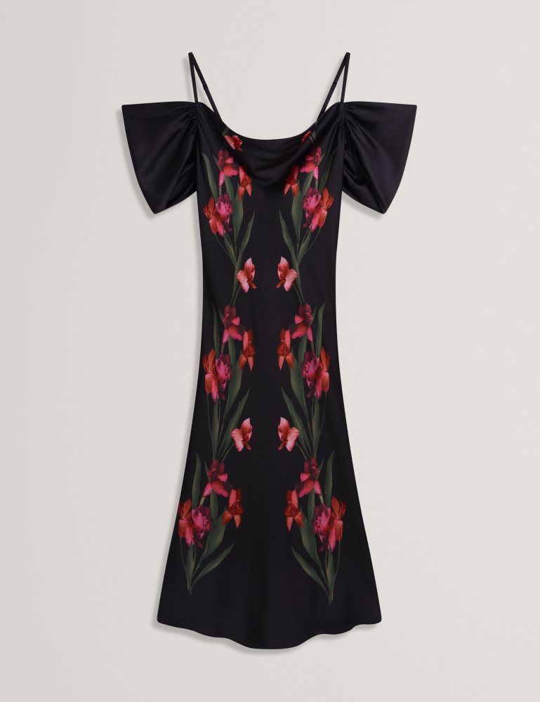 Rochie Dama Ted Baker Lucern - Floral Satin Off Shoulder Bias Midi Dress Negrii | 217843-SEY