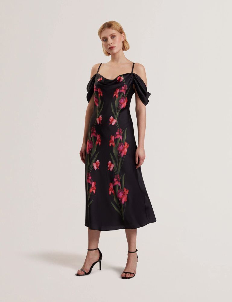 Rochie Dama Ted Baker Lucern - Floral Satin Off Shoulder Bias Midi Dress Negrii | 217843-SEY