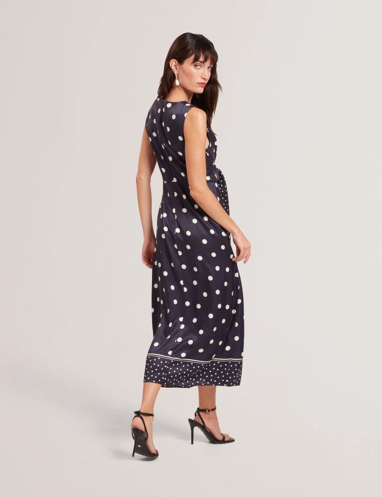 Rochie Dama Ted Baker Malmoa - Polka Dot Tie Detail Column Midi Dress Bleumarin | 375904-GWM
