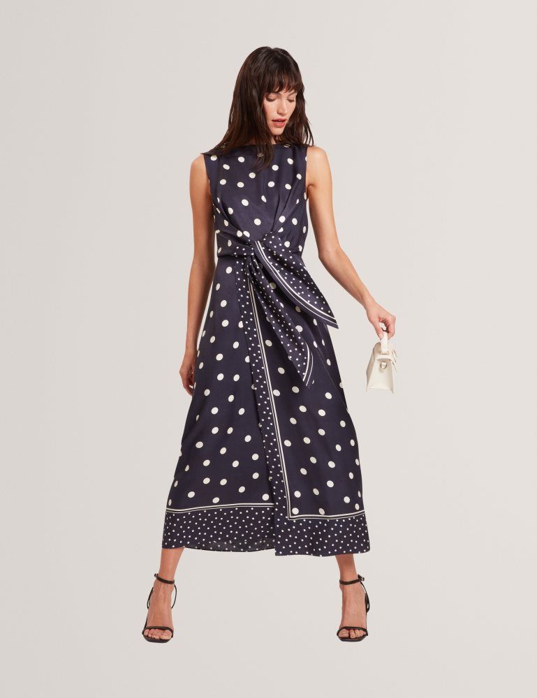 Rochie Dama Ted Baker Malmoa - Polka Dot Tie Detail Column Midi Dress Bleumarin | 375904-GWM