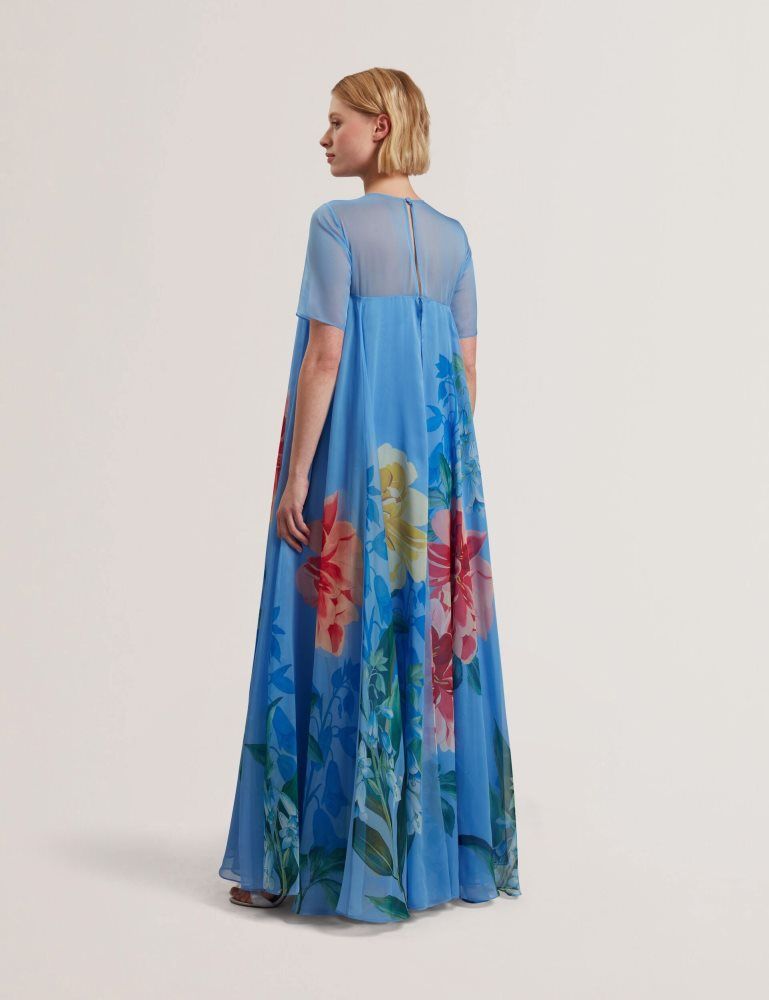 Rochie Dama Ted Baker Malrie - Sheer Neck Floral Trapeze Maxi Dress Albastri | 498126-YUW
