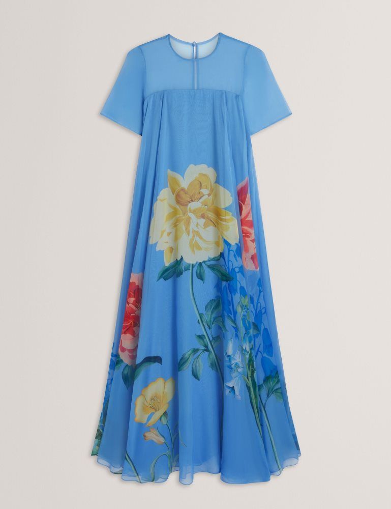 Rochie Dama Ted Baker Malrie - Sheer Neck Floral Trapeze Maxi Dress Albastri | 498126-YUW