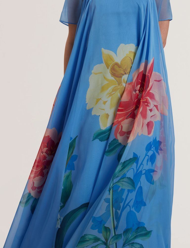 Rochie Dama Ted Baker Malrie - Sheer Neck Floral Trapeze Maxi Dress Albastri | 498126-YUW