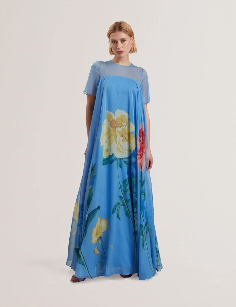 Rochie Dama Ted Baker Malrie - Sheer Neck Floral Trapeze Maxi Dress Albastri | 498126-YUW