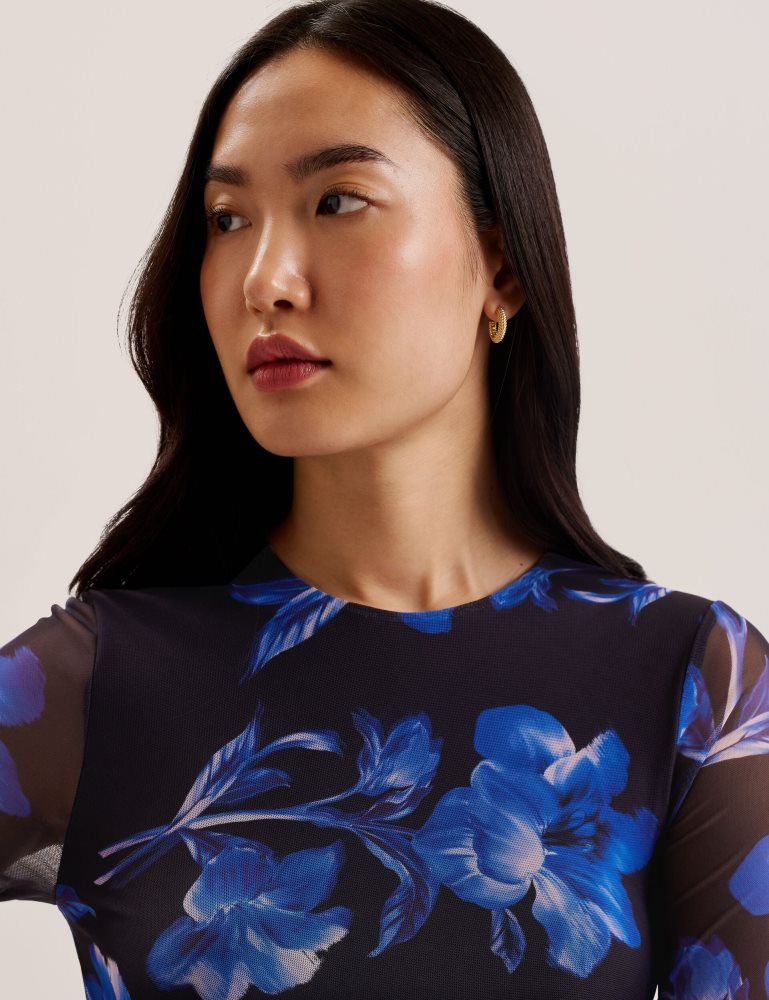 Rochie Dama Ted Baker Marliyy - Floral Print Bodycon Mesh Midi Dress Albastri | 528619-TZV