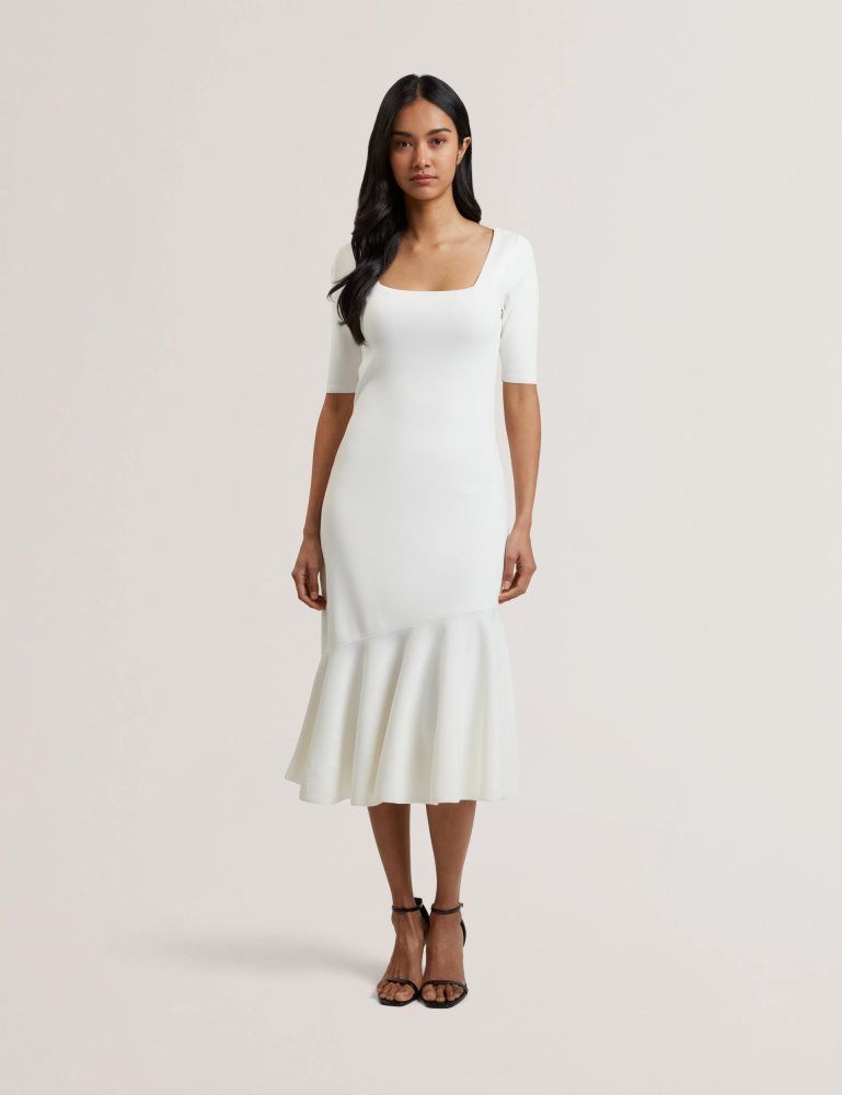 Rochie Dama Ted Baker Miyhaa - Flippy Hem Square Neck Knitted Midi Dress Albi | 518649-TXW