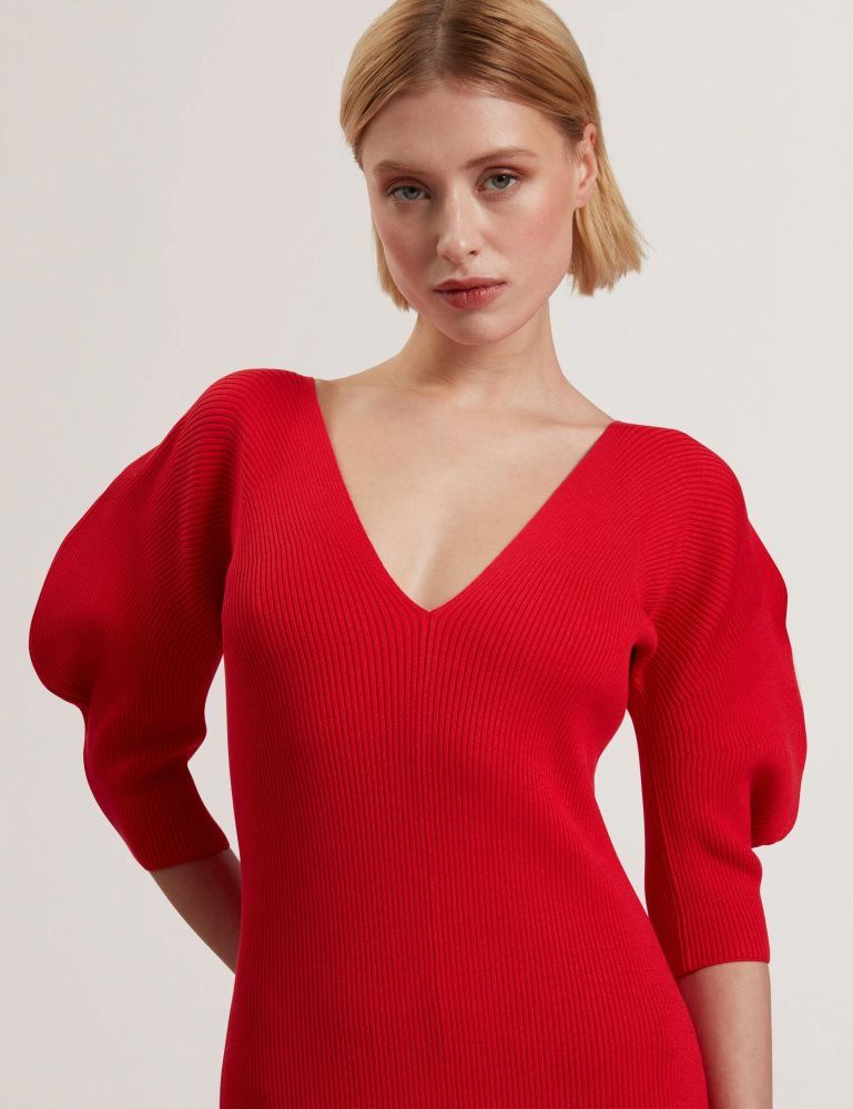 Rochie Dama Ted Baker Pricila - Shaped Sleeve Knitted Bodycon Midi Dress Rosii | 134867-QVC