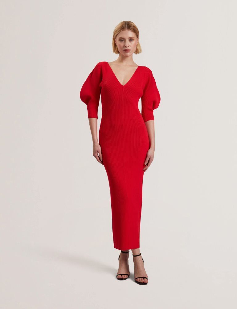 Rochie Dama Ted Baker Pricila - Shaped Sleeve Knitted Bodycon Midi Dress Rosii | 134867-QVC