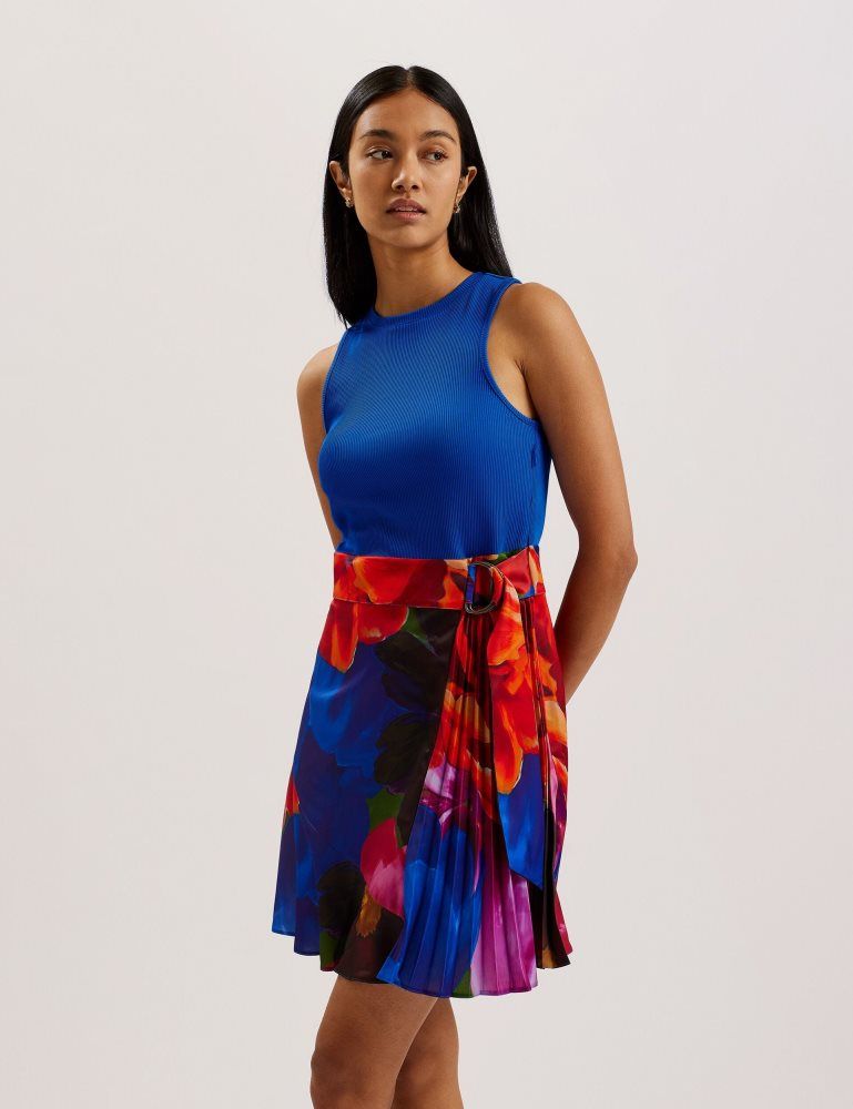 Rochie Dama Ted Baker Sandiyy - Printed Pleated Mini Dress With Knit Bodice Albastri | 032196-JDH