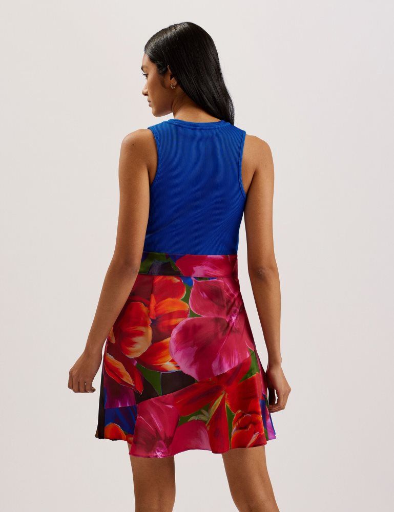 Rochie Dama Ted Baker Sandiyy - Printed Pleated Mini Dress With Knit Bodice Albastri | 032196-JDH