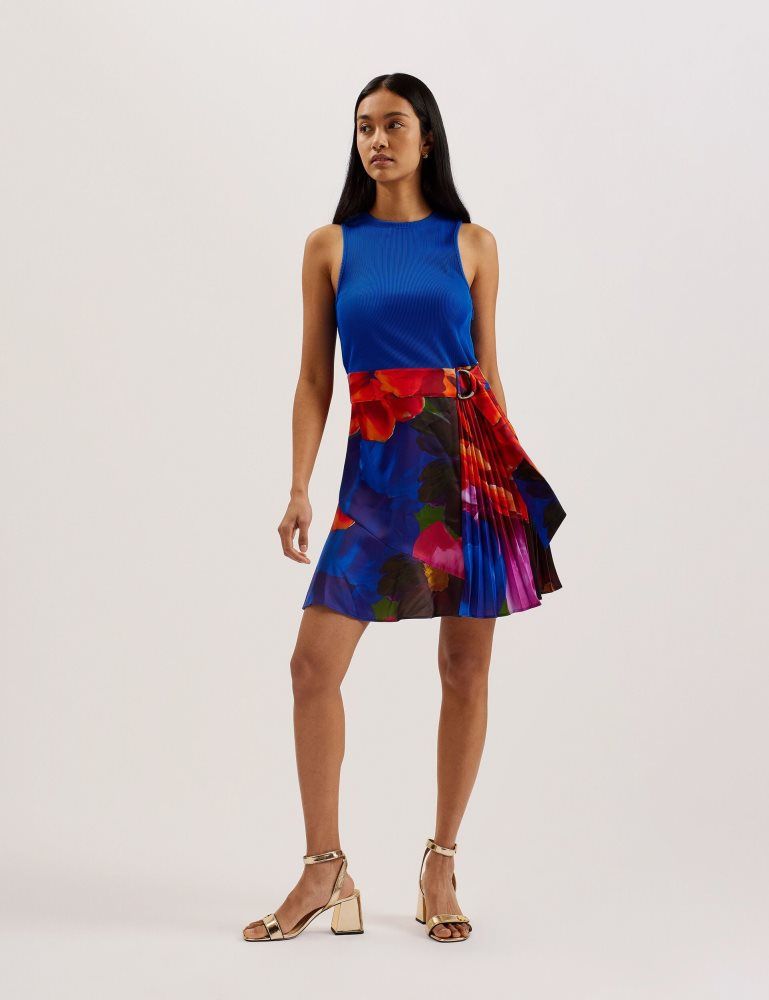 Rochie Dama Ted Baker Sandiyy - Printed Pleated Mini Dress With Knit Bodice Albastri | 032196-JDH